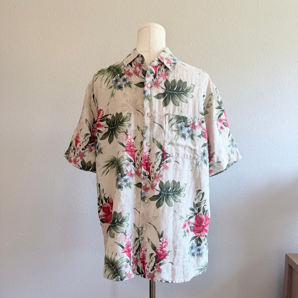 Tasso Elba Island Mens Sz M Silk Linen Hawaiian Floral Shirt Short Sleeve Cream